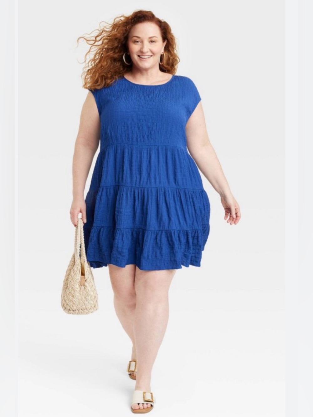 KNOX ROSE Dress Crinkle Gauze Tiered Prairie Blue
